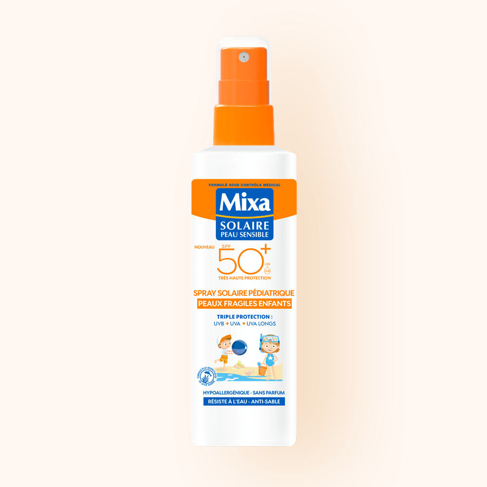 mixa front spray solaire pédiatrique peaux fragiles enfants spf50+